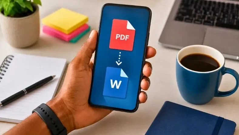 Converter PDF em Word pelo celular sem perder formatação com aplicativo exibido em smartphone sobre mesa organizada
