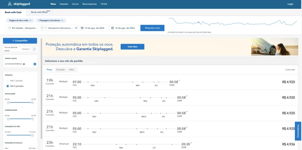 Imagem da tela de busca no Skipplagged. Ele mostra preços, horários, históricos e informações inportantes que te ajudam planejar e comprar suas passagens