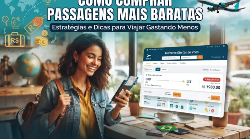 Mulher sorridente segurando passagens aéreas e olhando para um computador com ofertas de voos em promoção.