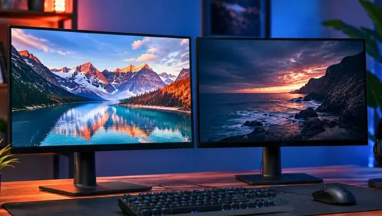 Monitores IPS e VA lado a lado mostrando as diferenças antes da compra.