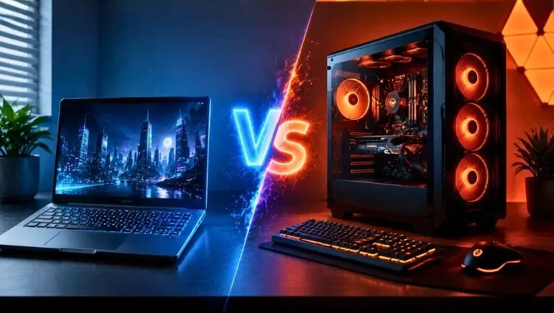Notebook vs PC Gamer para jogos e trabalho em comparação lado a lado.