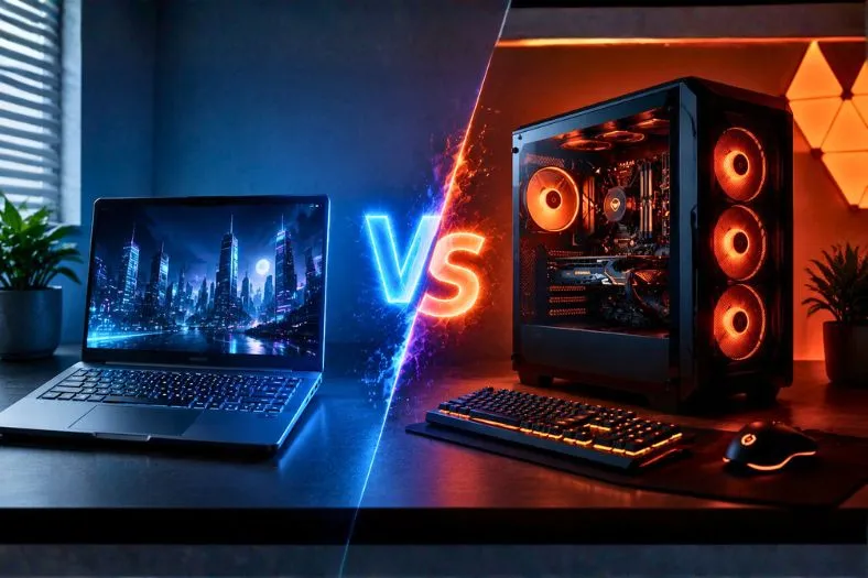 Notebook vs PC Gamer para jogos e trabalho em comparação lado a lado.