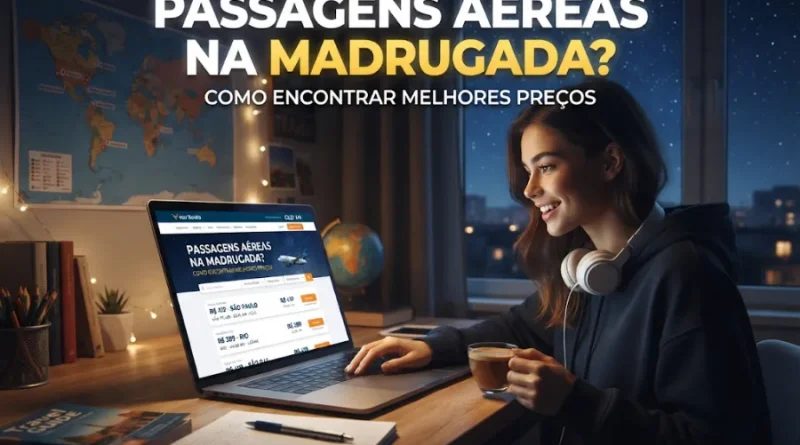 Jovem utilizando o notebook à noite para buscar passagens aéreas na madrugada com preços promocionais.