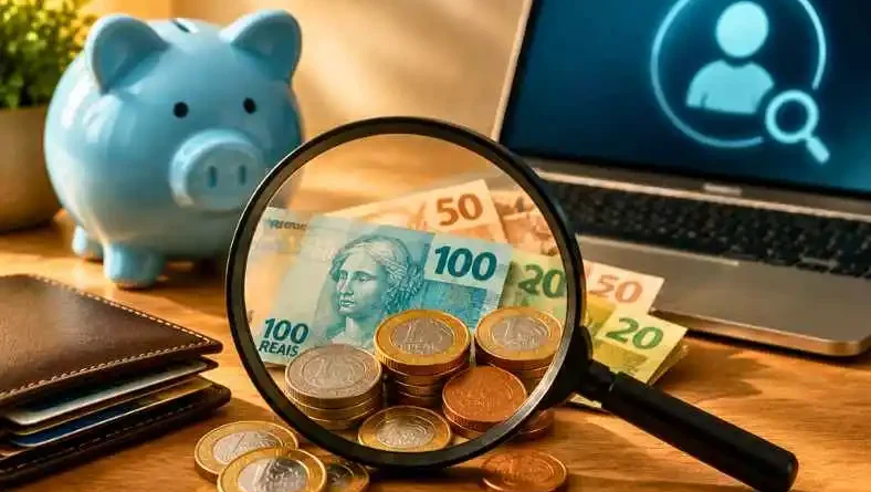 Valores esquecidos com moedas e notas em real brasileiro para consulta pelo CPF.