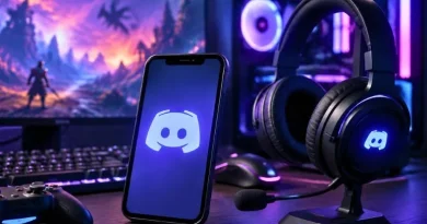 Gamers usando Discord diariamente em setup gamer com PC, headset e smartphone.