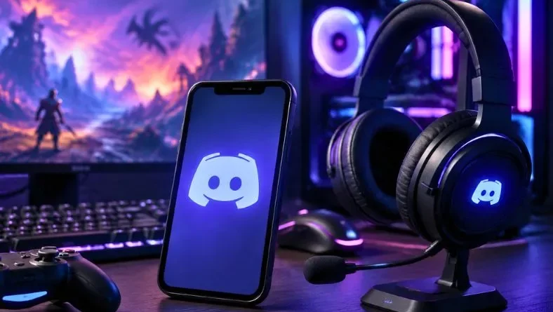 Gamers usando Discord diariamente em setup gamer com PC, headset e smartphone.