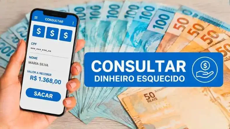 Valores esquecidos com celular e notas de 50 e 100 reais para consulta pelo CPF.